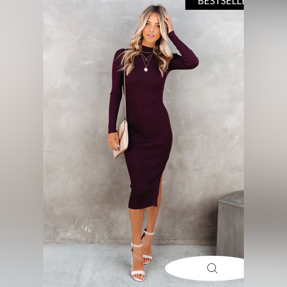 NEWTOWN MOCK NECK KNIT MIDI DRESS - BURGUNDY - Small